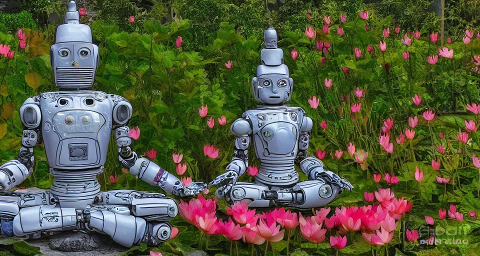 Image similar to a 1 0 0 0 armed quan yin robot sitting in prayer in the lotus garden, digital art h 9 6 0