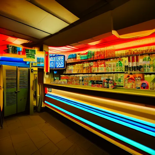 Prompt: noisy color photograph of inside a retrofuturist empty convenience store, dark pit, minimalist, cinematic, soft vintage glow, lens flare