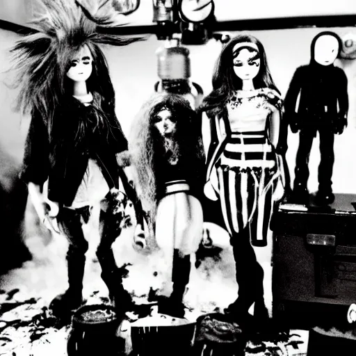 Prompt: party in the boiler room, dolls, monsters, film by brothers quay, black and white