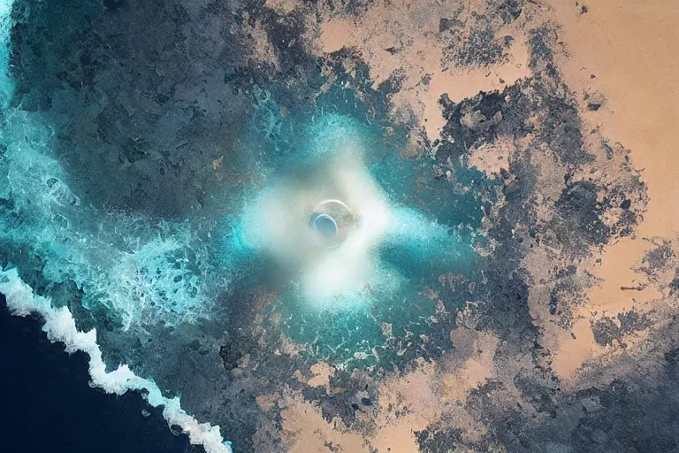 Prompt: An ocean being drained and consumed by a black hole, aerial shot, digital art, artstationhq, by Charles Sheeler and Jordan Grimmer and Victor Mosquera