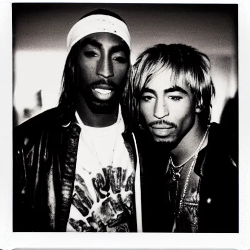 Image similar to Polaroid photograph of Kurt Cobain and Tupac Shakur in a club, blurry, XF IQ4, 150MP, 50mm, F1.4, ISO 200, 1/160s, natural light, Adobe Lightroom, photolab, Affinity Photo, PhotoDirector 365,