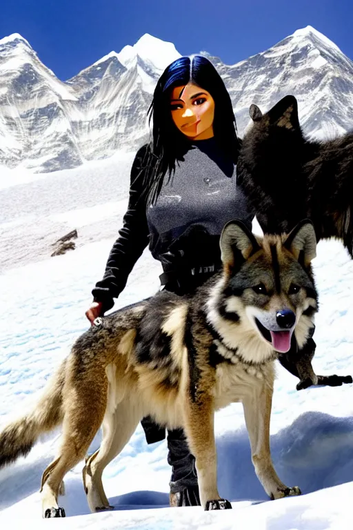 Image similar to kylie jenner mountain climbing on everest with wolves and african wild dogs in a snowstorm