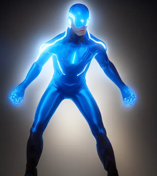 Prompt: bald albino man wearing silver goggles and an electric blue super hero suit, generates lightning from his hands, sharp, trending on artstation, unreal engine, octane render, cgsociety, artgerm, award - winning, focus, highly detailed