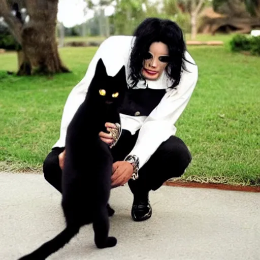 Prompt: 2009 this is It Michael Jackson taking care of a Black cat with yellow eyes, rare