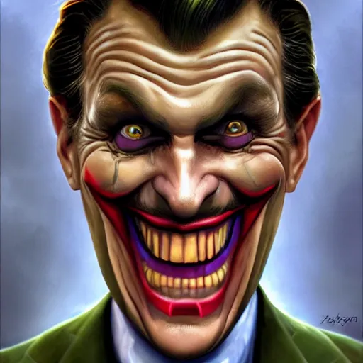 Prompt: uncanny portrait of kenneth copeland as the joker laughing, by jon mcnaughton zdzisław artstation