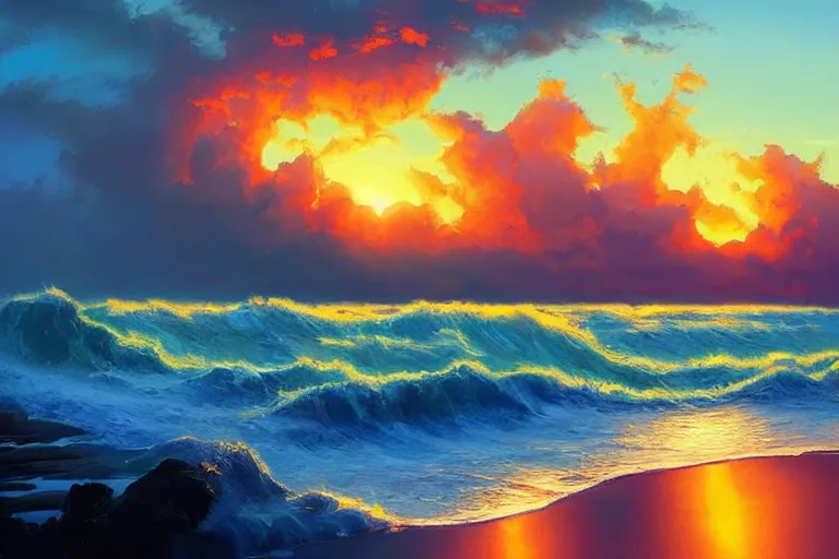 Image similar to a beautiful nature landscape with clouds, ocean waves, sunset, by rhads