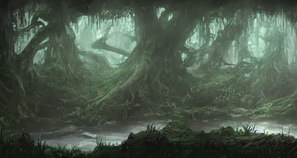 Image similar to A dense and dark enchanted forest with a swamp, by League of Legends concept artists