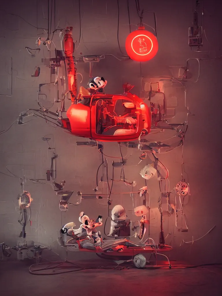Prompt: graphic art of dystopian futuristic 1 0 mechanic surgeons astronauts, operate on a mickeymouse!!! head balloon float brain exposed, held by a crane. ominous glowing red netflix!!! sign in the background, trending on art station, beeple!!, clean concept art, smooth, octane render, minimal