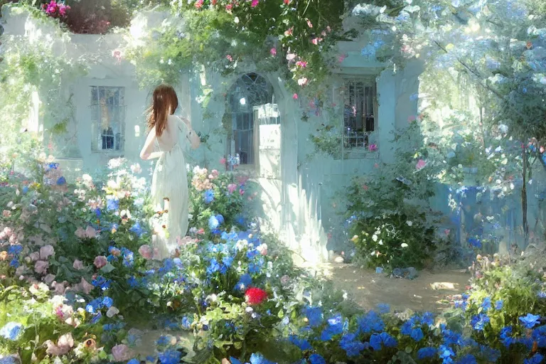 Image similar to a beautiful painting of blue roses garden, girl, by greg rutkowski, trending on artstation