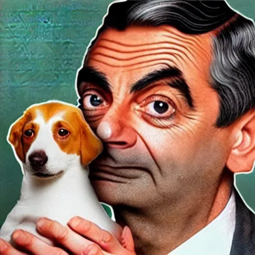 Prompt: mr bean poking a dog