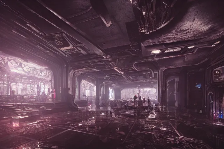 Prompt: underground techno club, hypermaximalistic, high details, cinematic, 8k resolution, beautiful detailed, insanely intricate details, artstation trending, octane render, unreal engine,