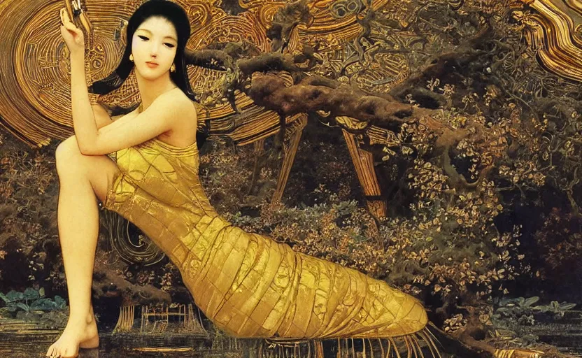 Image similar to a queen in a gold dress, ancient, japanese art, oil painting, by bruce pennington, by otomo, by amano, by bouguereau, by gustave moreau