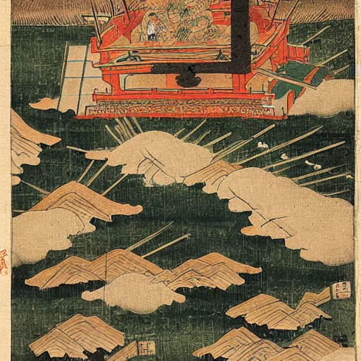 Image similar to 16th century Japanese illustration of the shogun on fire