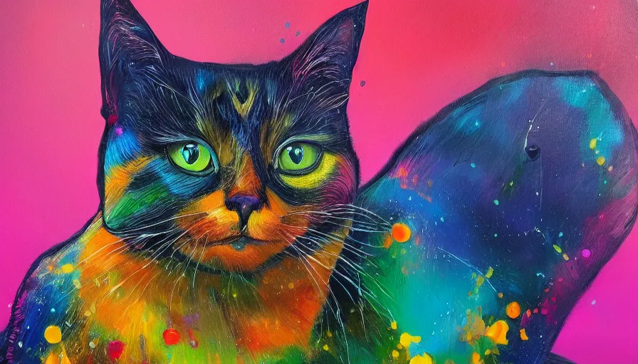 Image similar to cat, painting on canvas, watedrops, water droplets, acrylic painting, acrylic pouring, painting, influencer, artstation - h 8 0 0