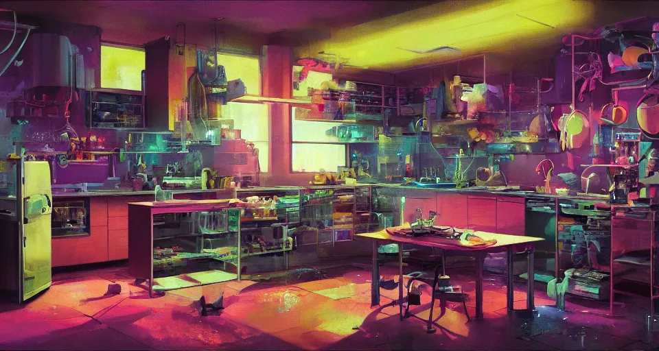 Image similar to IKEA catalogue photo of a cyberpunk kitchen, by Paul Lehr