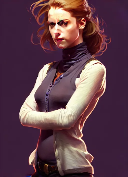 Image similar to portrait of a full body of beautiful young female detective, d & d, sleeveless turtleneck, fantasy, flat lighting, intricate, highly detailed, digital painting, artstation, concept art, smooth, sharp focus, illustration, art by simon bisley and greg rutkowski and alphonse mucha, natural tpose