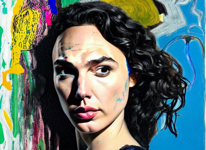 Image similar to portrait of gal gadot, by vincent lefevre and hernan bas and pat steir and hilma af klint, psychological, photorealistic, dripping paint, washy brush, rendered in octane, altermodern, masterpiece