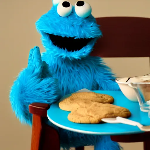 Prompt: cookie monster sitting on chair at overeaters anonymous meeting, highly detailed, sad,