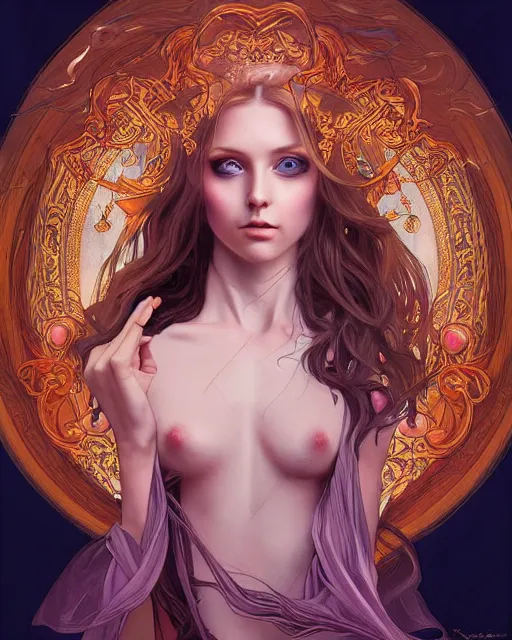 Prompt: portrait of demon girl, dreamy and ethereal, expressive pose, big blue eyes, exciting expression, fantasy, intricate, elegant, psychedelic smoke, highly detailed, digital painting, artstation, concept art, smooth, sharp focus, illustration, art by artgerm and greg rutkowskiand alphonse mucha