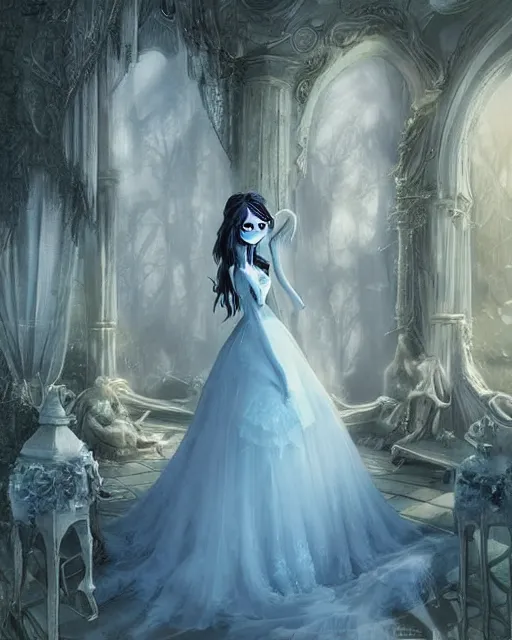 Image similar to elegant mysterious gracious undead victoria everglot from the corpse bride, portrait, illustration, the land of the death, piano in victorian front hall scene, rim light, top light, summer clear blue sky, perfectly shaded, soft painting, art by krenz cushart and wenjun lin