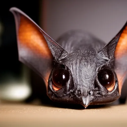 Prompt: a photo of a cute vat bat hybrid, sitting on a chair, photo taken by a nikon, very detailed, 8k