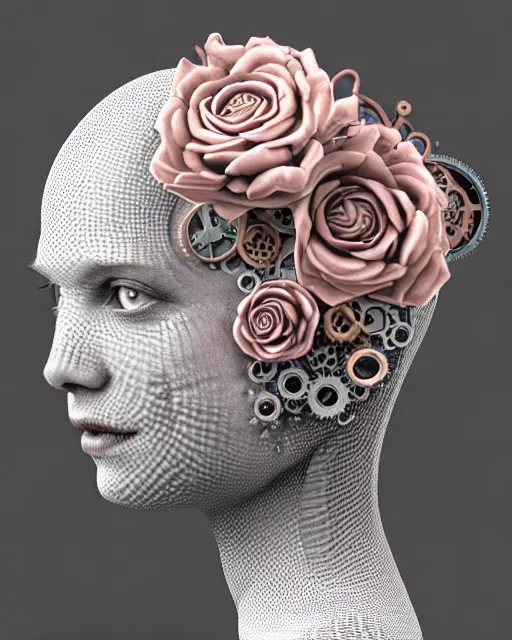 Image similar to mythical dreamy organic bio - mechanical spinal ribbed profile face portrait detail of translucent steampunk beautiful intricated monochrome angelic - human - queen - vegetal - cyborg, highly detailed, intricate translucent pale pink ivy jelly ornate, poetic, translucent roses ornate, 3 d render, digital art, octane render, 8 k artistic photography