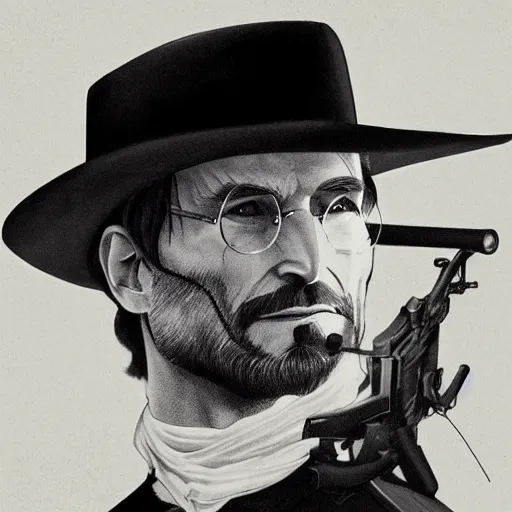 Image similar to an 1 8 0 0 s photo of steve jobs, squinting at high noon, style of a clint eastwood movie, the good, the bad and the ugly, vibe, glory days, justice, american flag, independence, patriotism, black and white, artgerm