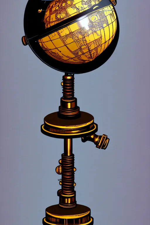 Image similar to ornate steampunk rotating globe on stand, high details, lineart, by vincent di fate, inking, 3 color screen print, masterpiece, trending on artstation, sharp, high contrast, hyper - detailed,, hd, 4 k, 8 k