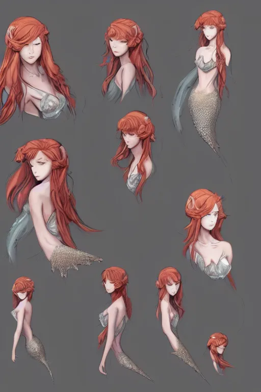 Image similar to beautiful concept art, character design sheet, beautiful anime style gingerhead young girl mermaid with a gorgeous faces, high fashion, fantasy, intricate, elegant, highly detailed, digital painting, artstation, concept art, smooth, sharp focus, illustration, beautiful light and shadows, art by artgerm and greg rutkowski and lin hsiang and krenz cushart and wlop