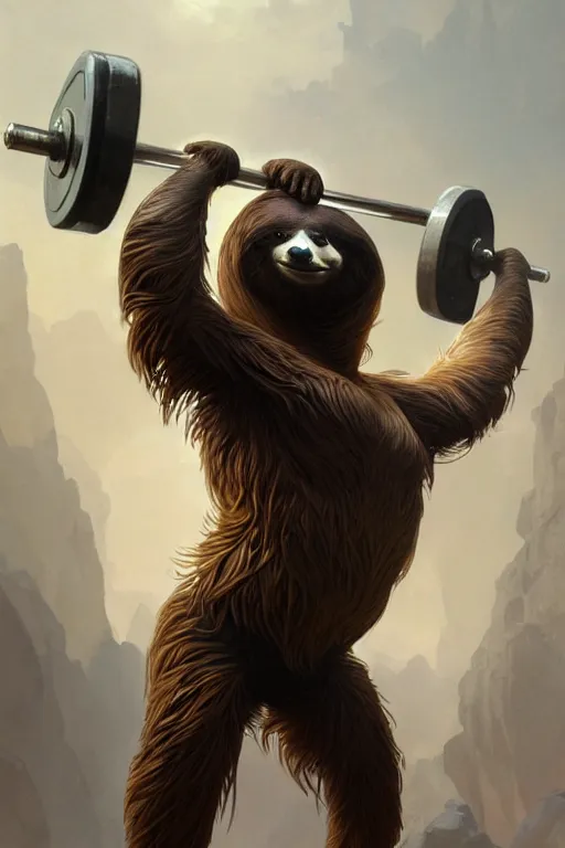 Image similar to anthro sloth lifting weights, dim dingy gym, dynamic pose, fantasy, intricate, elegant, highly detailed, digital painting, artstation, concept art, matte, sharp focus, illustration, art by artgerm and greg rutkowski and alphonse mucha