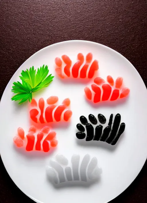 Image similar to clear photorealistic picture of simple cute cat paws made from sushi rice, sitting on sushi plates with garnish