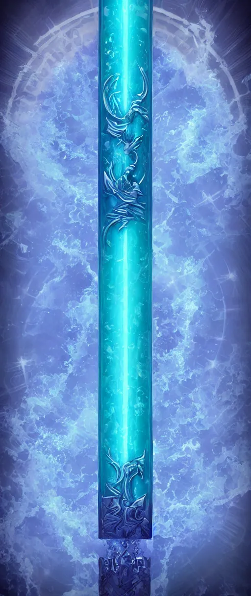 Prompt: glass mercury sword filled with rushing blue water : : ornate legendary highly detailed : : light burst background, volumetric light, misty aqua fog, slight bisexual lighting