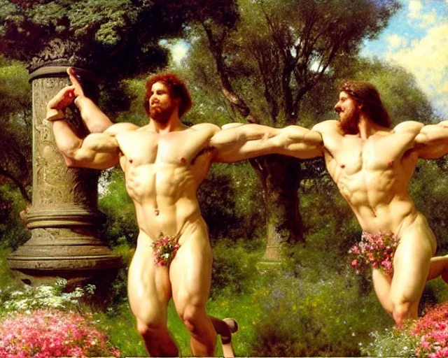 Image similar to muscular hercules and muscular achilles frolic in a meadow of beautiful flowers, large topiary and marble pillars in the background, painting by gaston bussiere, craig mullins, j. c. leyendecker, tom of finland