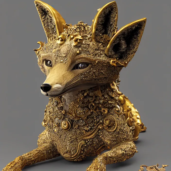 Image similar to highly detailed ancient artifact depicting a fox made of bronze and ivory and encrusted with precious jewels, beautiful patina, ethereal, esoteric, zbrush sculpt, octane render, intricate, ornate, cinematic lighting, hyperrealistic