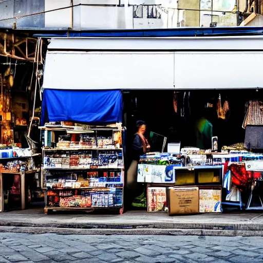 Prompt: a scene of a market stall on a street corner in the style of the ( minority report ) film taken from a distance, minimalist, blue and white, cinematic lighting