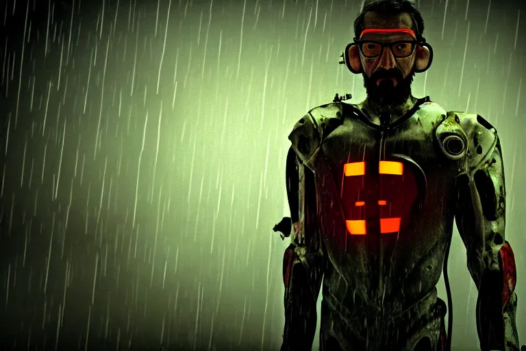 Prompt: photograph of gordon freeman in a damaged, scratched and worn down hev suit, night, rain, dense fog, dark room, cinematic, volumetric lighting, f 8 aperture, cinematic eastman 5 3 8 4 film, photorealistic