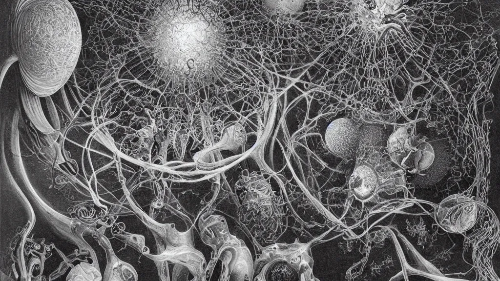 Image similar to a beautiful dreamy painting of a coronavirus inside a growing high-resolution computer, dark, sinister, detailed, art by M.C. Escher and Ernst Haeckel