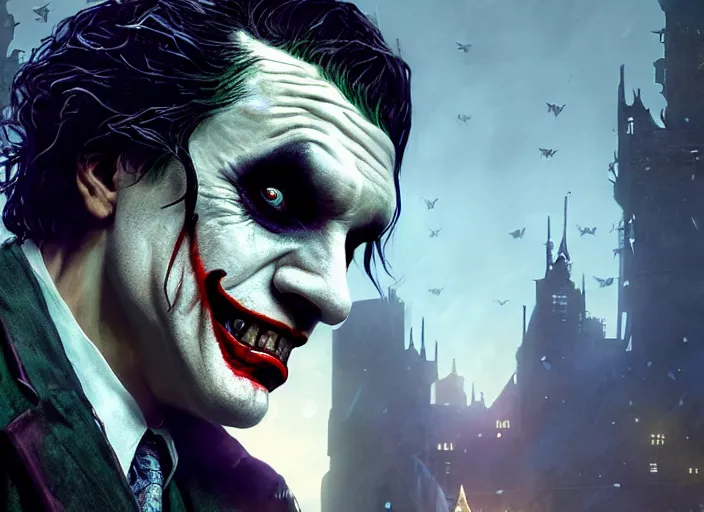 Image similar to highly detailed portrait of david dastmalchian as the joker, in batman : arkham asylum, stephen bliss, unreal engine, fantasy art by greg rutkowski, loish, rhads, ferdinand knab, makoto shinkai and lois van baarle, ilya kuvshinov, rossdraws, tom bagshaw, global illumination, radiant light, detailed and intricate environment