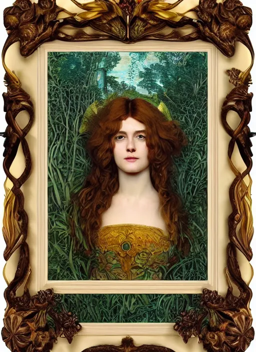 Image similar to masterpiece beautiful seductive flowing curves preraphaelite face portrait photography, sam spratt, extreme close up shot, straight bangs, thick set features, yellow ochre ornate medieval dress, amongst foliage mushroom forest circle arch, william morris and kilian eng and mucha, framed, 4 k