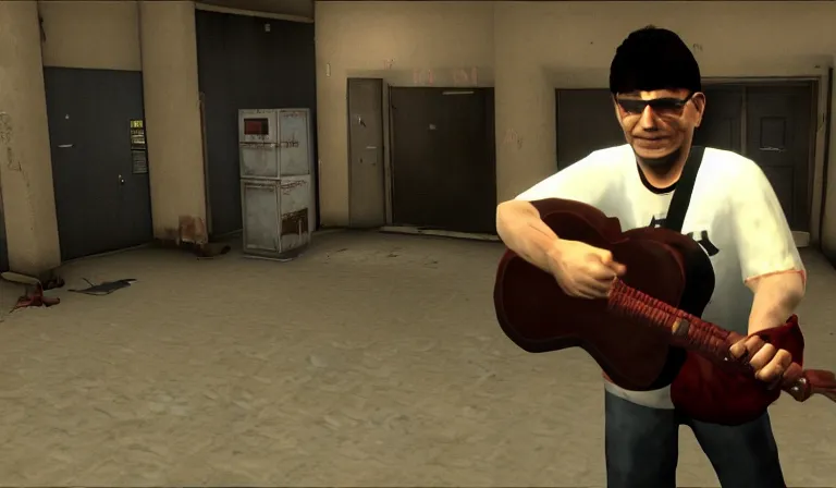 Image similar to steve albini npc carrying a guitar in left 4 dead 2, source engine, gameplay screenshot