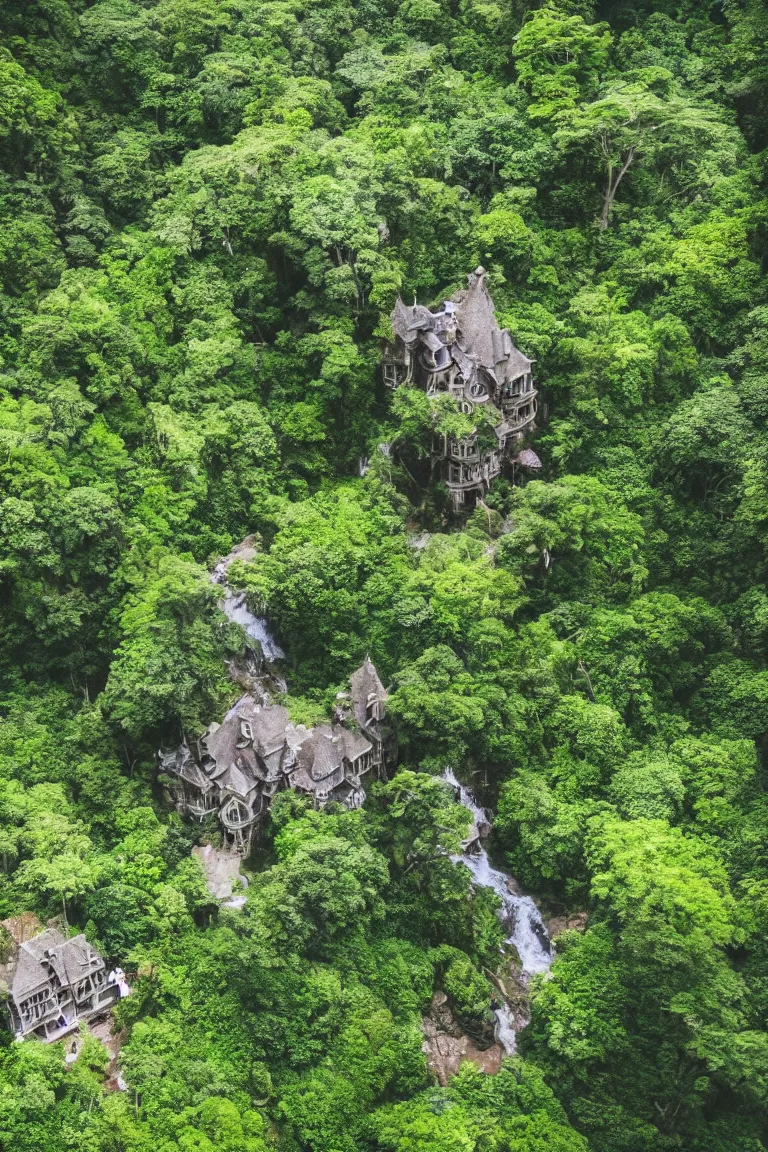 Image similar to a victorian mansion carved into a huge tree beside a waterfall in a dense jungle | cinematic