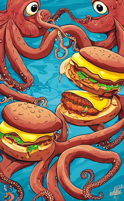 Image similar to highly detailed illustration of octopus attacking a cheeseburger, poster, symmetrical, 8 k, trending on artstation