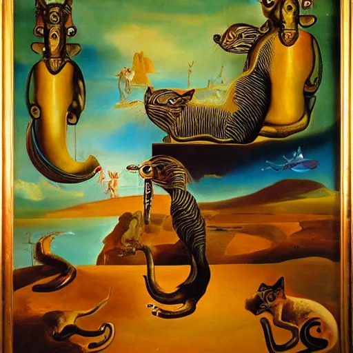 Prompt: dali oil painting of bastet with multiple arms, over a sea of sulphur