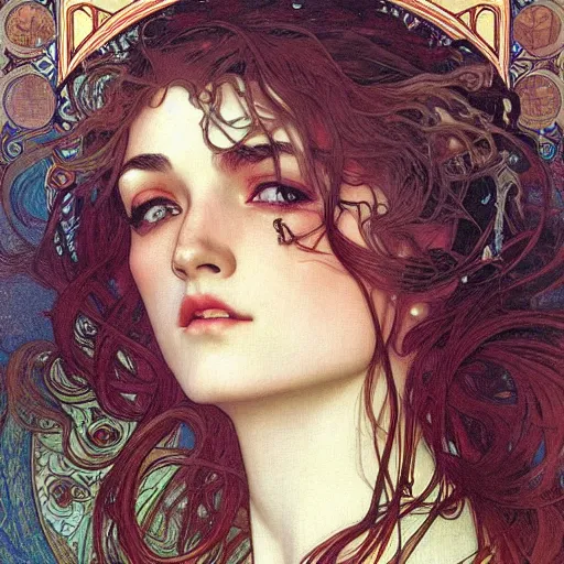 Prompt: !dream realistic detailed face portrait of AOC by Alphonse Mucha, Ayami Kojima, Amano, Charlie Bowater, Karol Bak, Greg Hildebrandt, Jean Delville, and Mark Brooks, Art Nouveau, Neo-Gothic, gothic, rich deep moody colors