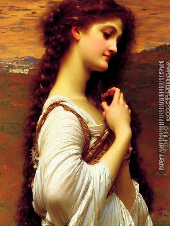 Image similar to Beautiful Goddess. Extremely high detail, details, realistic, masterpiece, colorful. Portrait painting by Eugene de Blaas, art by Frederic Leighton