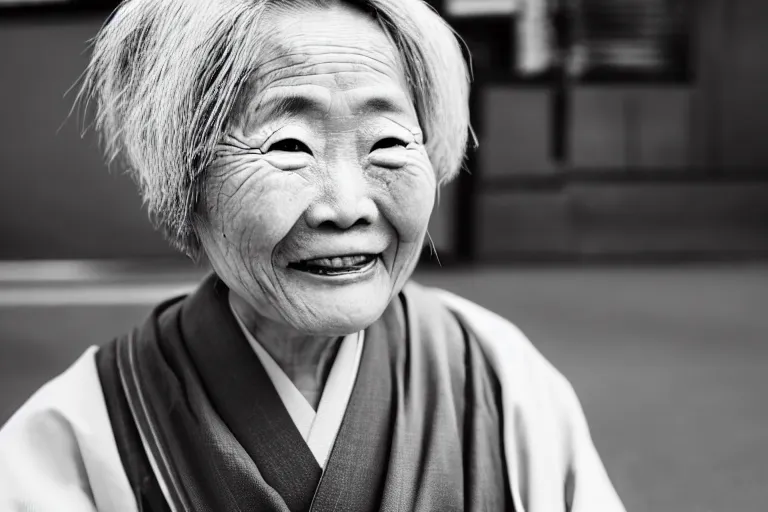 Image similar to still photo of a japanese old woman smiling at the camera wearing a kimono on a street, black and white color aesthetic, highly detailed, photorealistic portrait, bright studio setting, studio lighting, crisp quality and light reflections, unreal engine 5 quality render