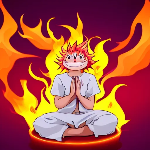 Image similar to fluffy popcorn anime character with a smiling face and flames for hair, sitting on a lotus flower, clean composition, symmetrical