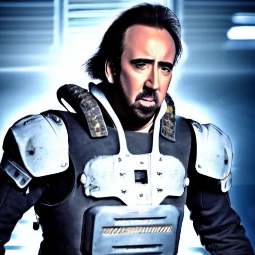 Prompt: Nicolas Cage wearing Powered Combat Suit in Starcraft, promo shoot, studio lighting