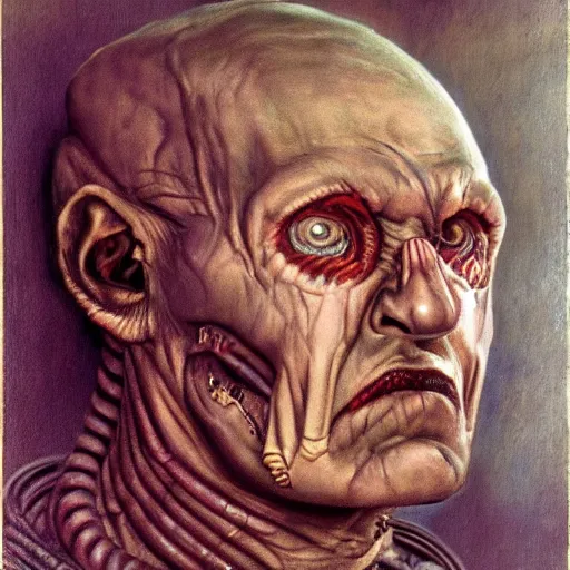 Image similar to portrait by h. r. giger of andrei romanovich chikatilo who became a degraded abomination, photo - realistic, color image, 2 k, highly detailed