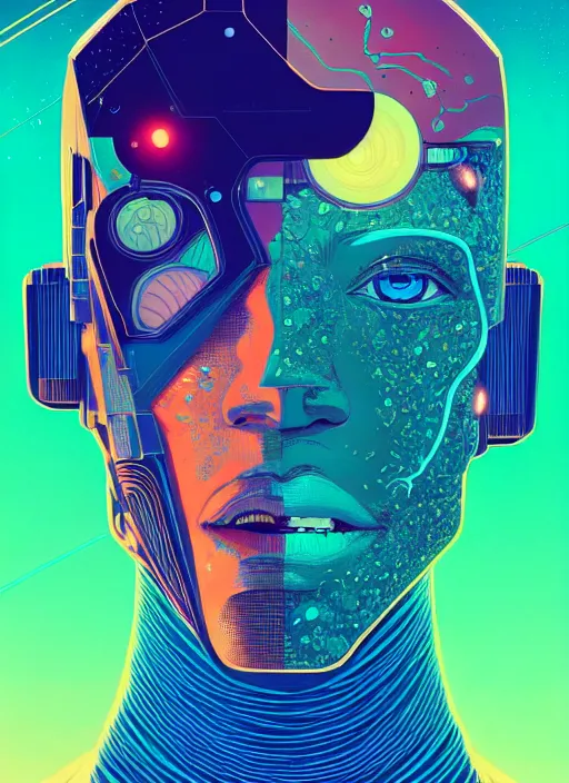 Prompt: portrait of cyborg, artstation winner by victo ngai, kilian eng and by jake parker, by conrad roset, swirly vibrant color lines, winning award masterpiece, fantastically gaudy, aesthetic, octane render, 8 k, hd resolution